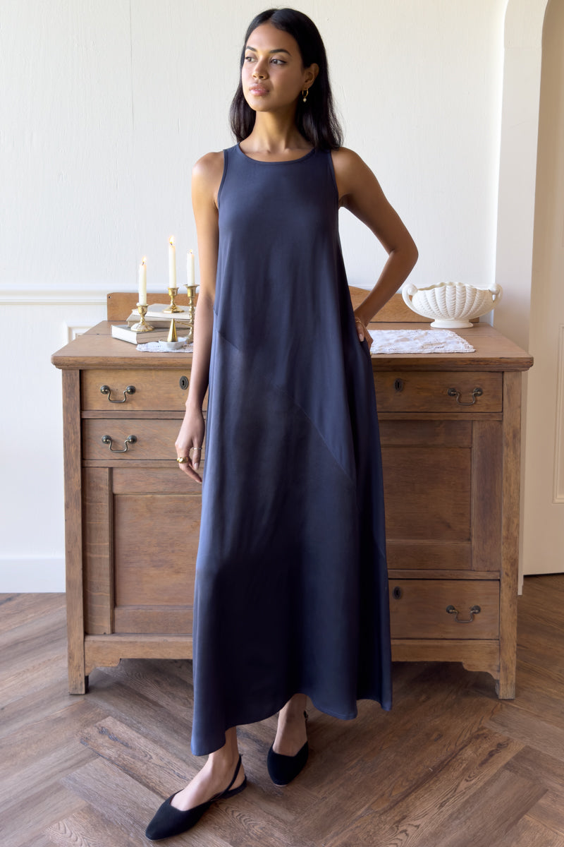 Asymmetrical Maxi Dress - Noir Satin Combo