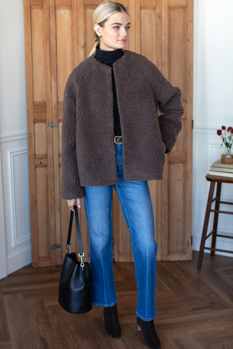 Emile Collarless Short Coat - Chocolate Boucle