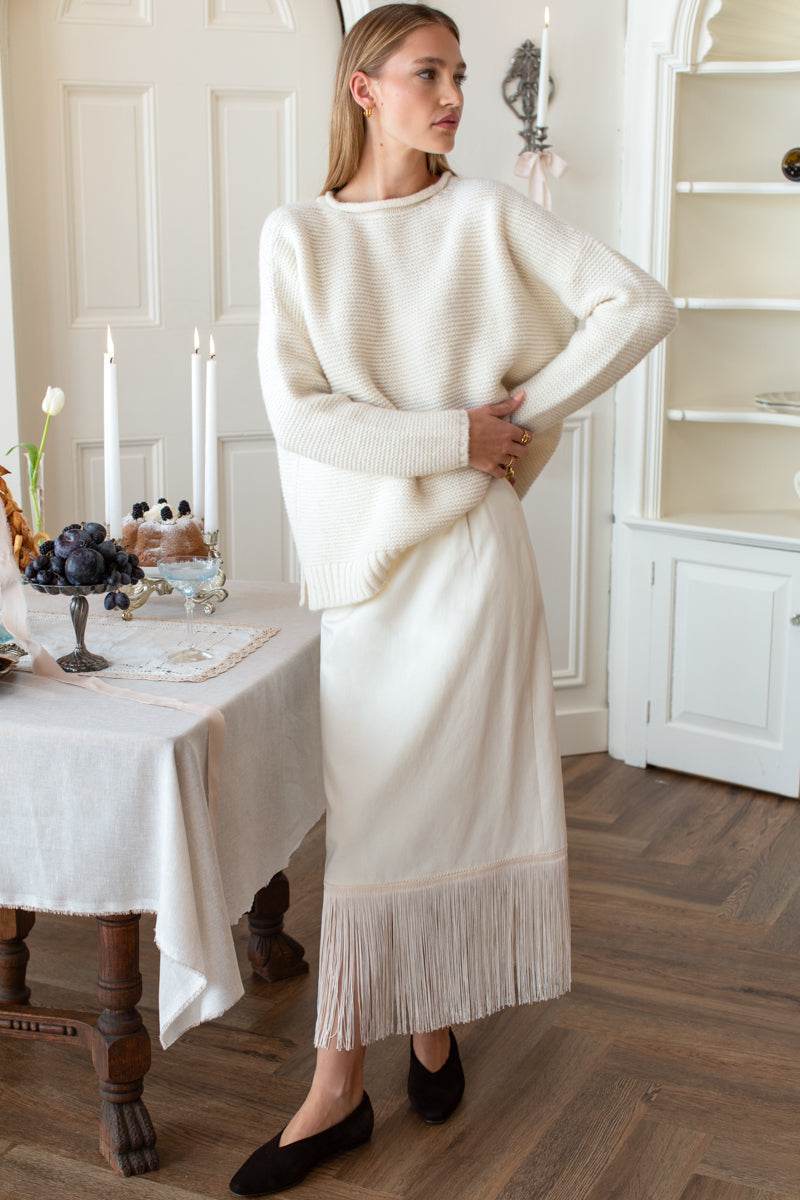 Maxi Tailored Fringe Skirt - Antique White