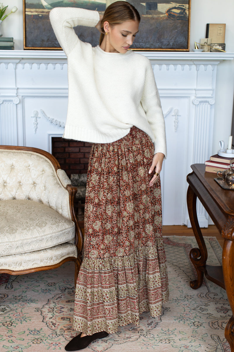 Shirred Skirt - Vintage Floral Stripe Terracotta Organic