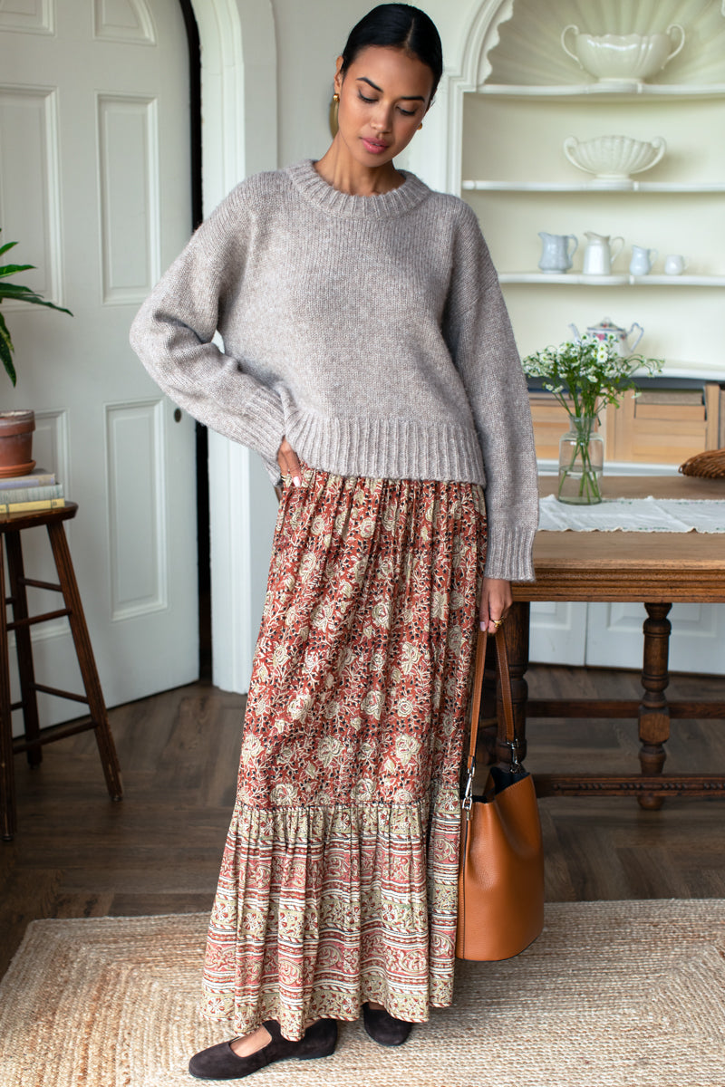 Shirred Skirt - Vintage Floral Stripe Terracotta Organic
