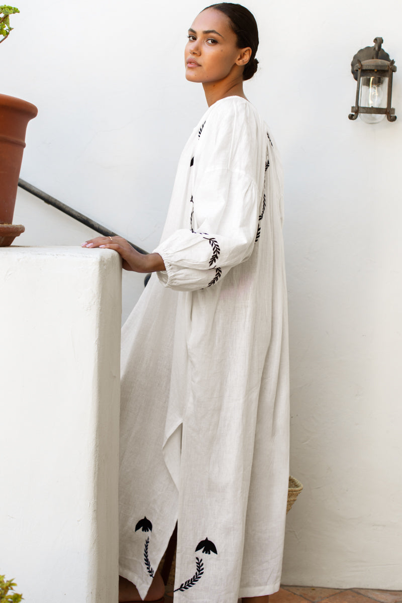 Folk Maxi Dress - White Dove Embroidery Linen