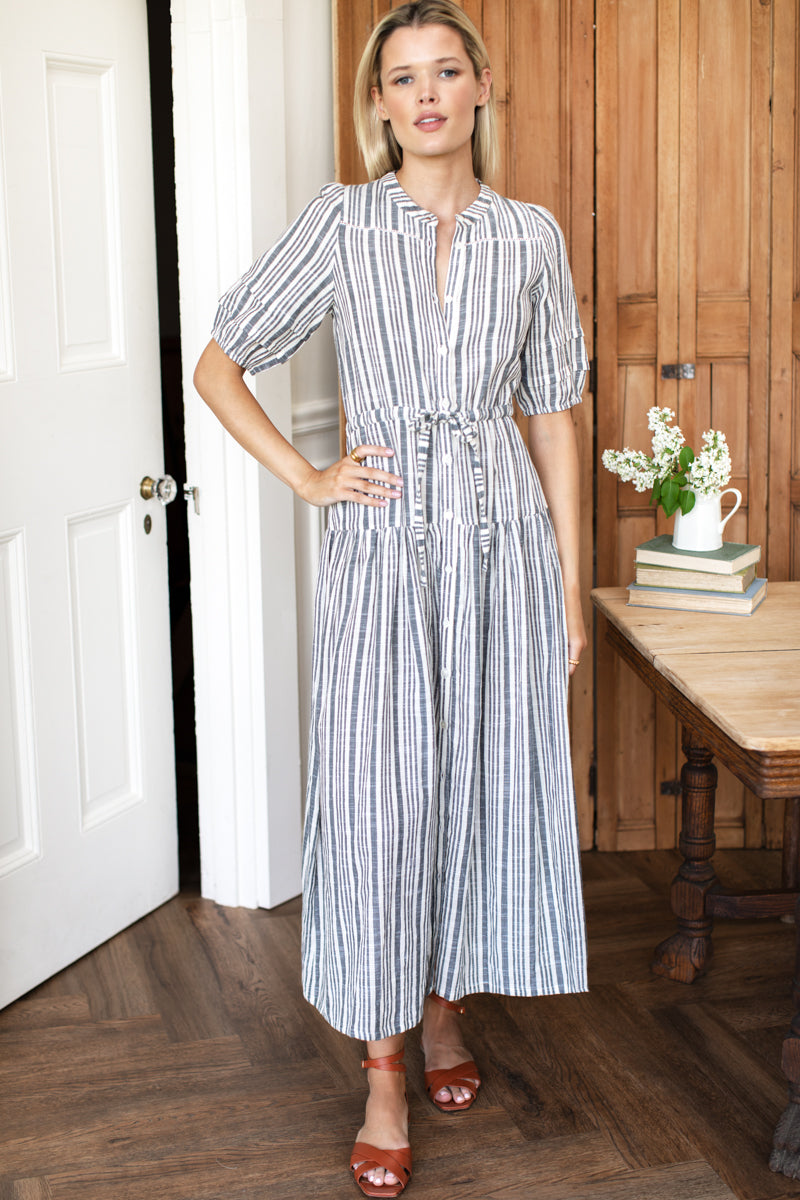 Lucy 4 Basque Dress - Aradonis Stripe Storm Grey