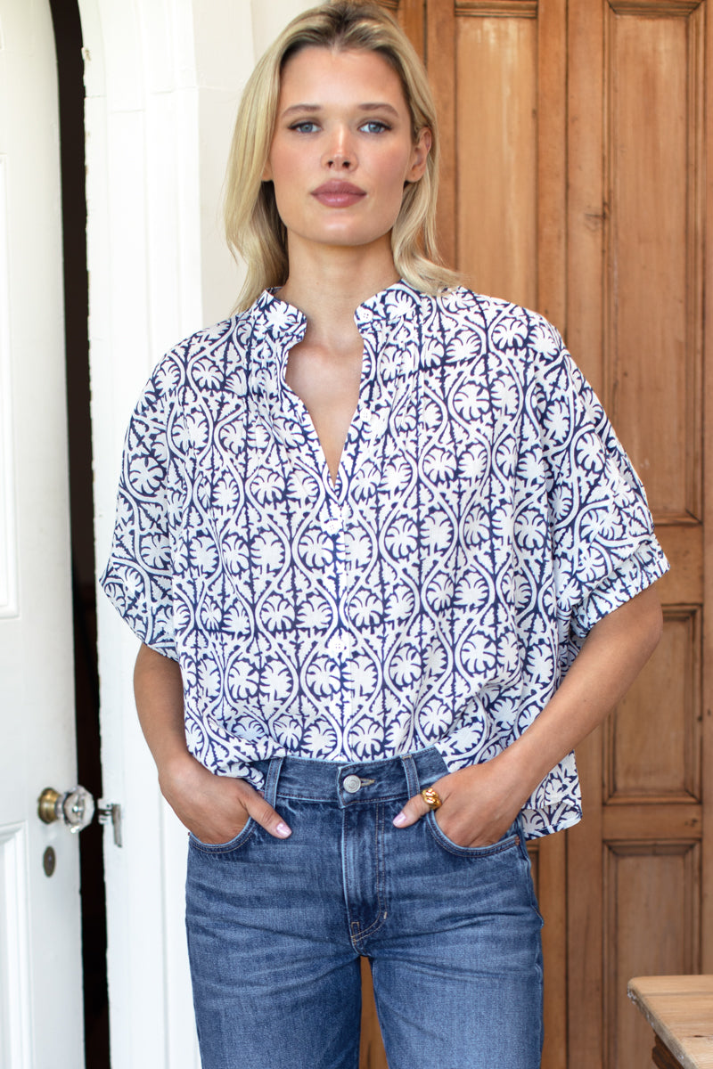 Mandarin Collar Top - Etoile Vine Indigo Organic