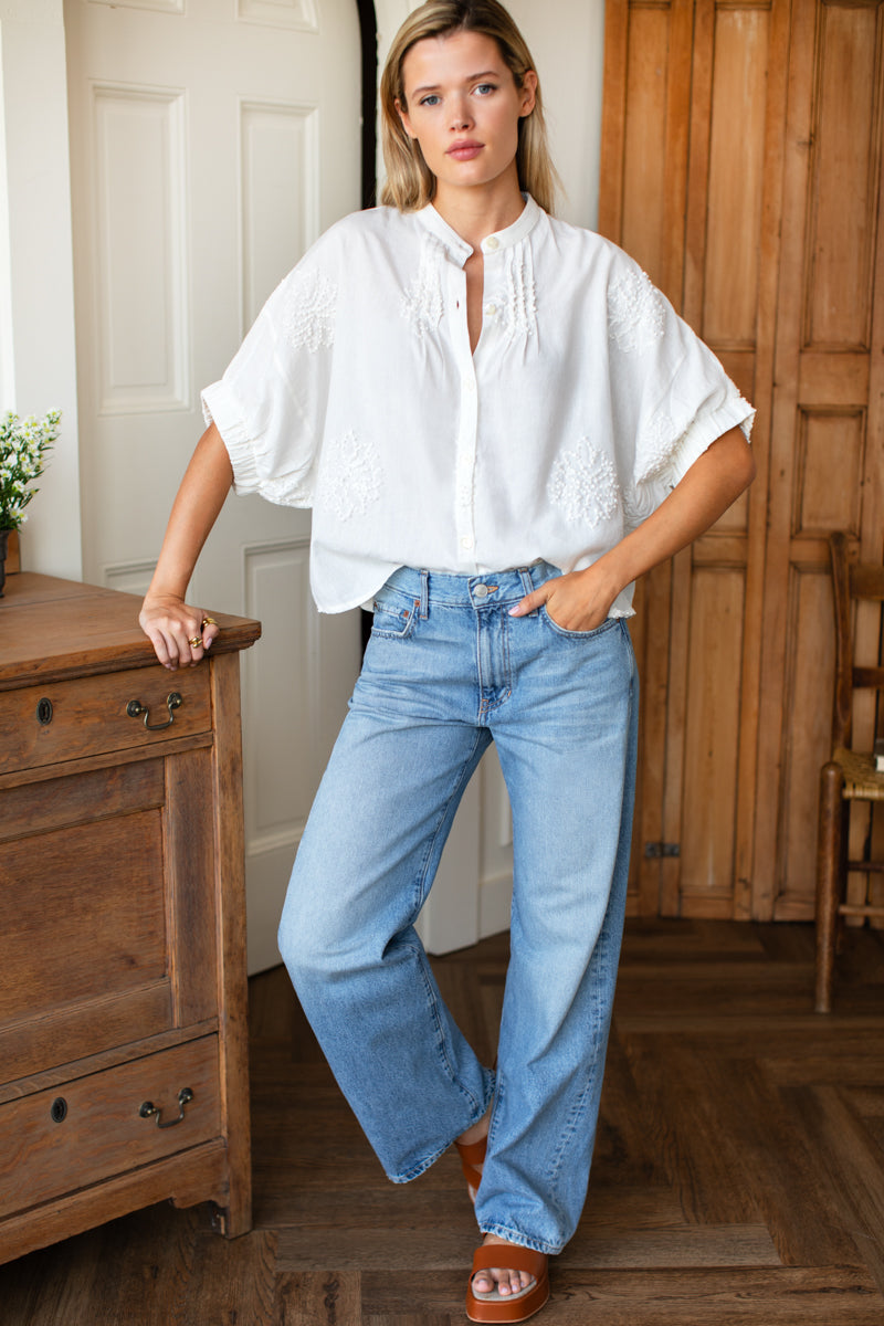 Mandarin Collar Top - French Knot Floral Ivory