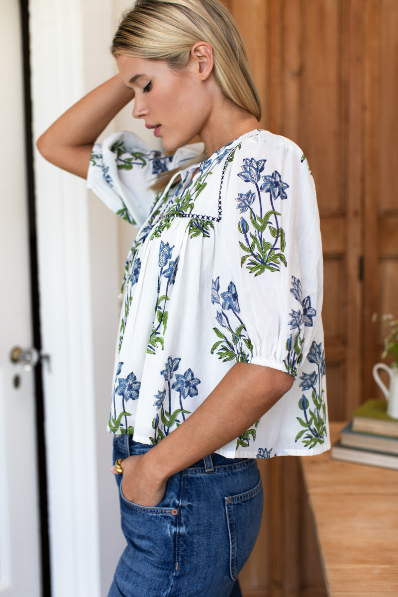Puff Isla Top - Blue Clematis Flowers + Midnight Embroidery Organic