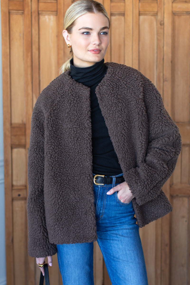 Emile Collarless Short Coat - Chocolate Boucle
