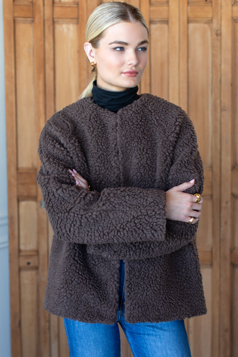 Emile Collarless Short Coat - Chocolate Boucle