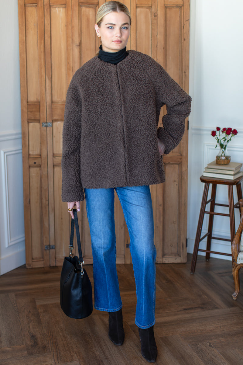 Emile Collarless Short Coat - Chocolate Boucle
