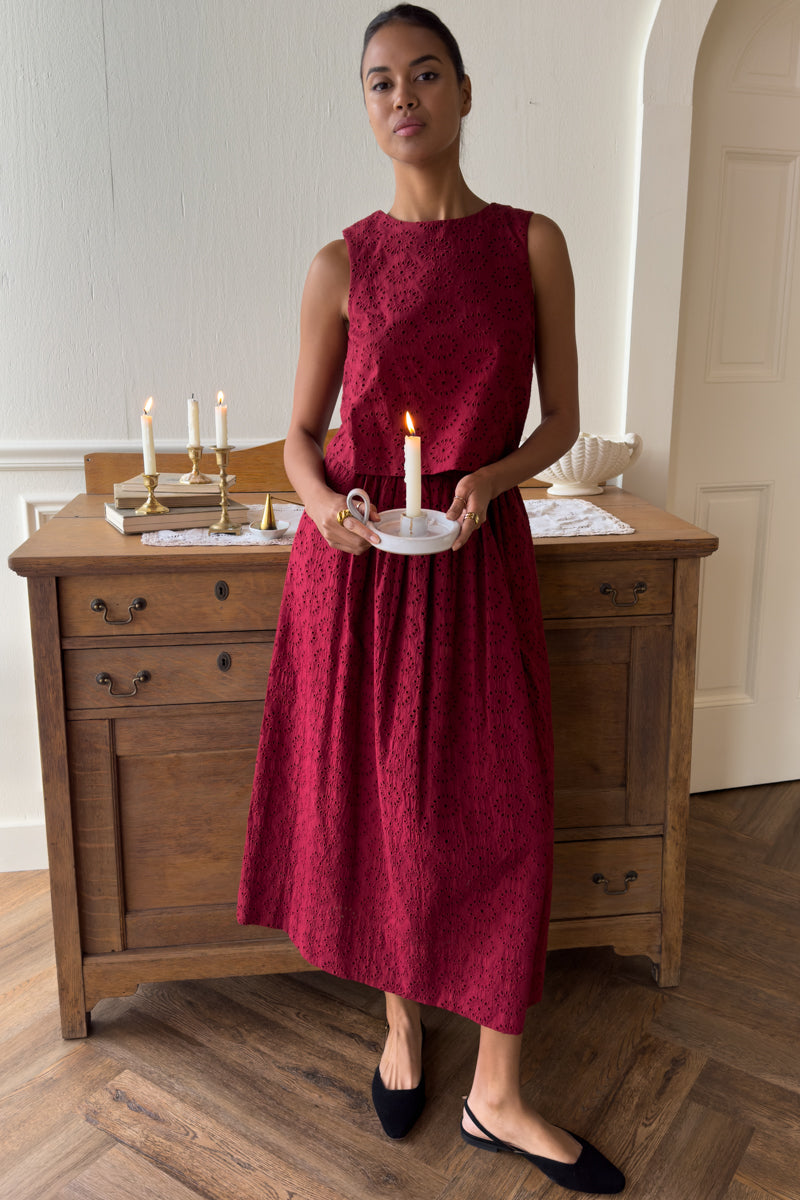 Wide Hem Skirt - Rouge Eyelet