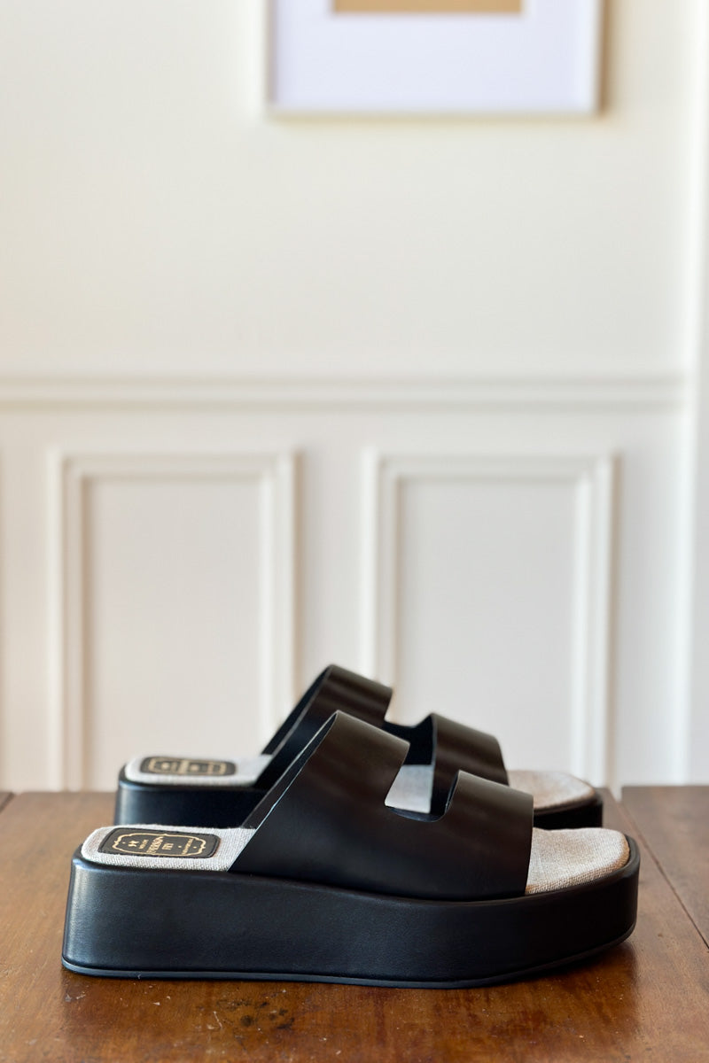 Platform Slide - Black Leather