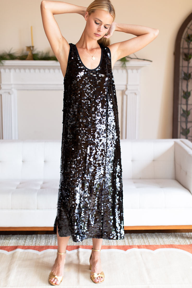 Edie Scoop Midi Dress - Black Sequin