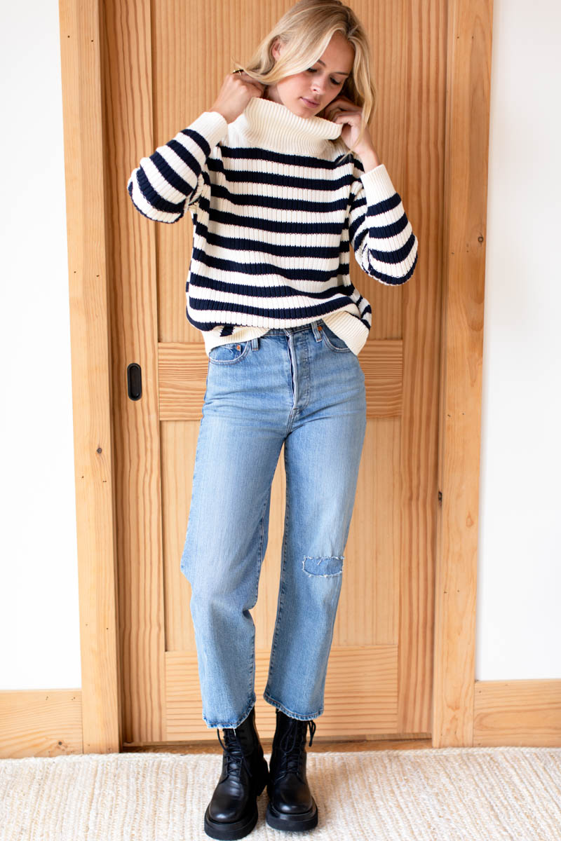 Carolyn Funnel Neck Sweater - Navy French Stripe Organic