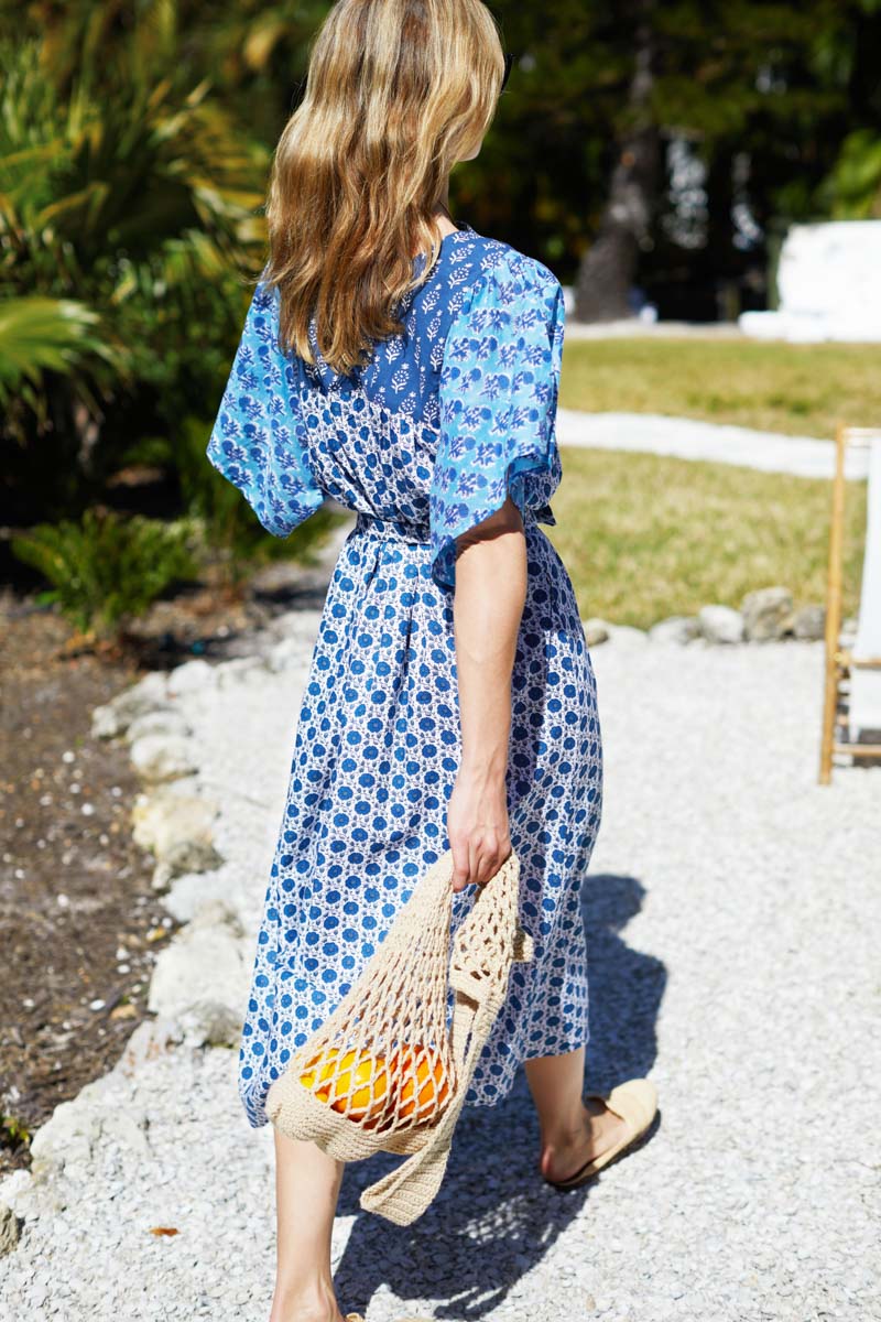 Basalie Midi Dress - Patchwork Blues Organic