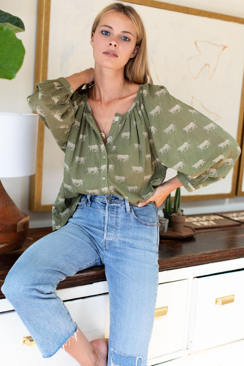 Frances Blouse - Olive Cheetah Organic