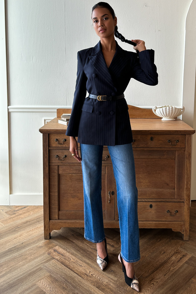 Strong Shoulder Blazer - Navy Pinstripe