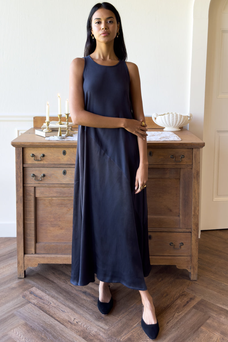Asymmetrical Maxi Dress - Noir Satin Combo