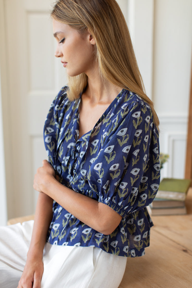 Bastian Top - Pressed Poppies Blue Indigo Organic