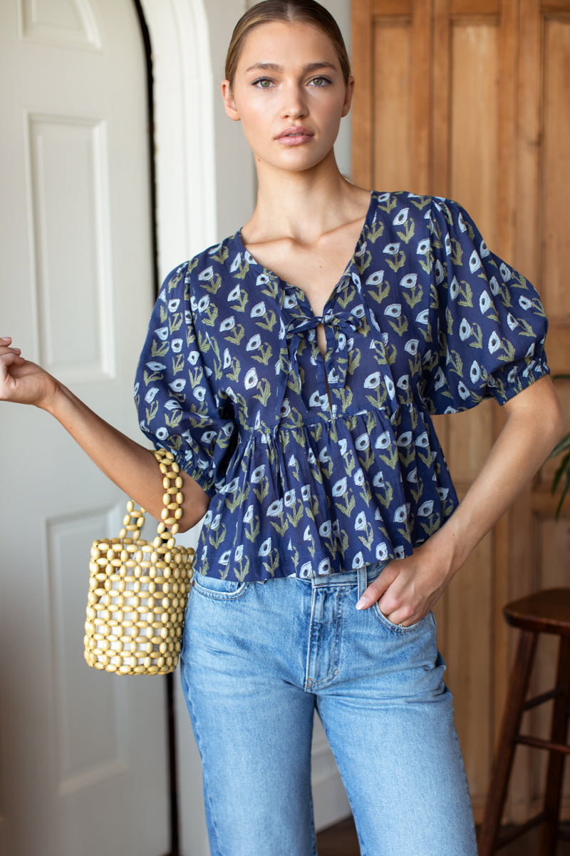 Bastian Top - Pressed Poppies Blue Indigo Organic