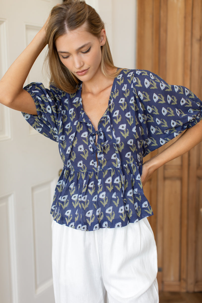 Bastian Top - Pressed Poppies Blue Indigo Organic