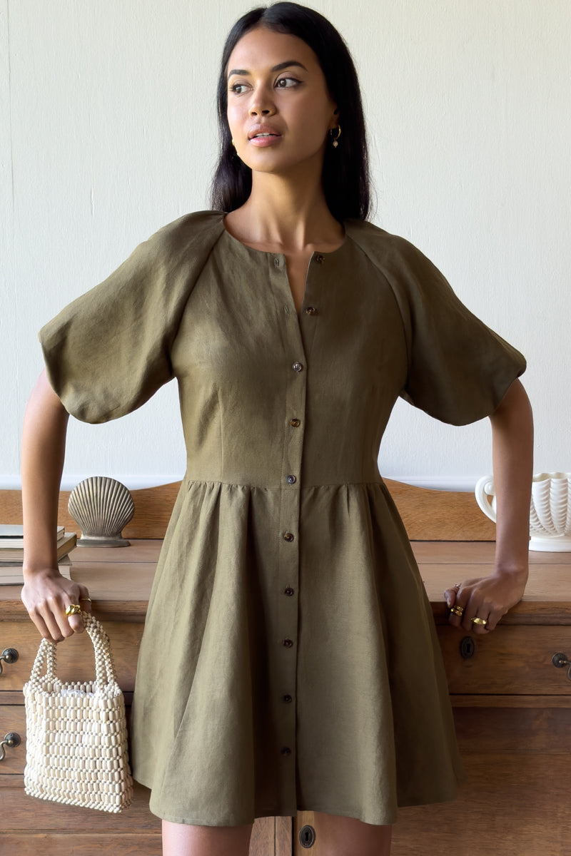 Bastille Short Dress - Martini Olive Linen