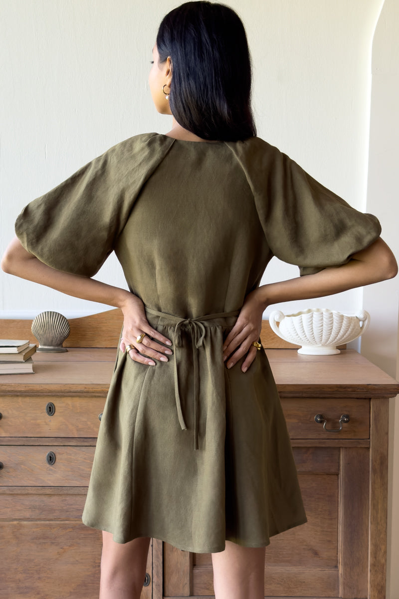 Bastille Short Dress - Martini Olive Linen