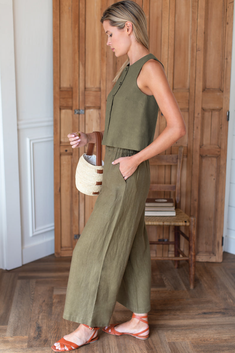 Button Front Wide Hem Top - Gothic Olive Linen