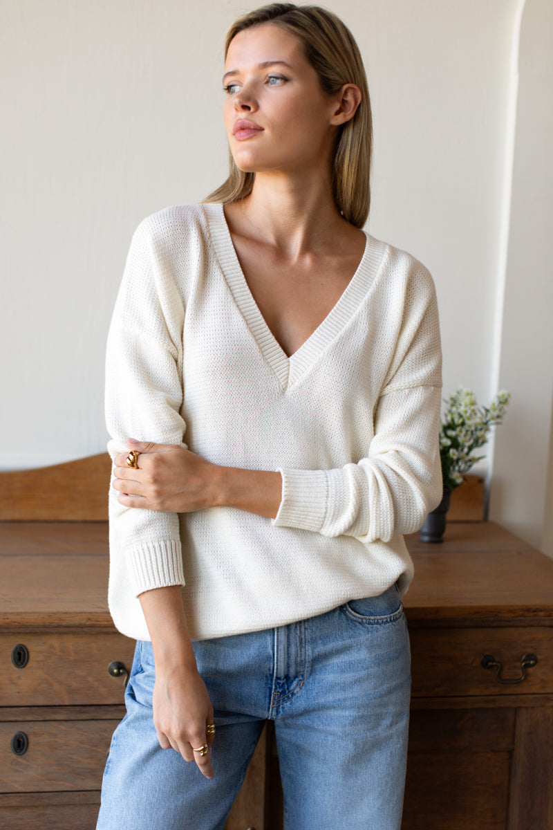 Carolyn V Neck Sweater - Ivory Organic