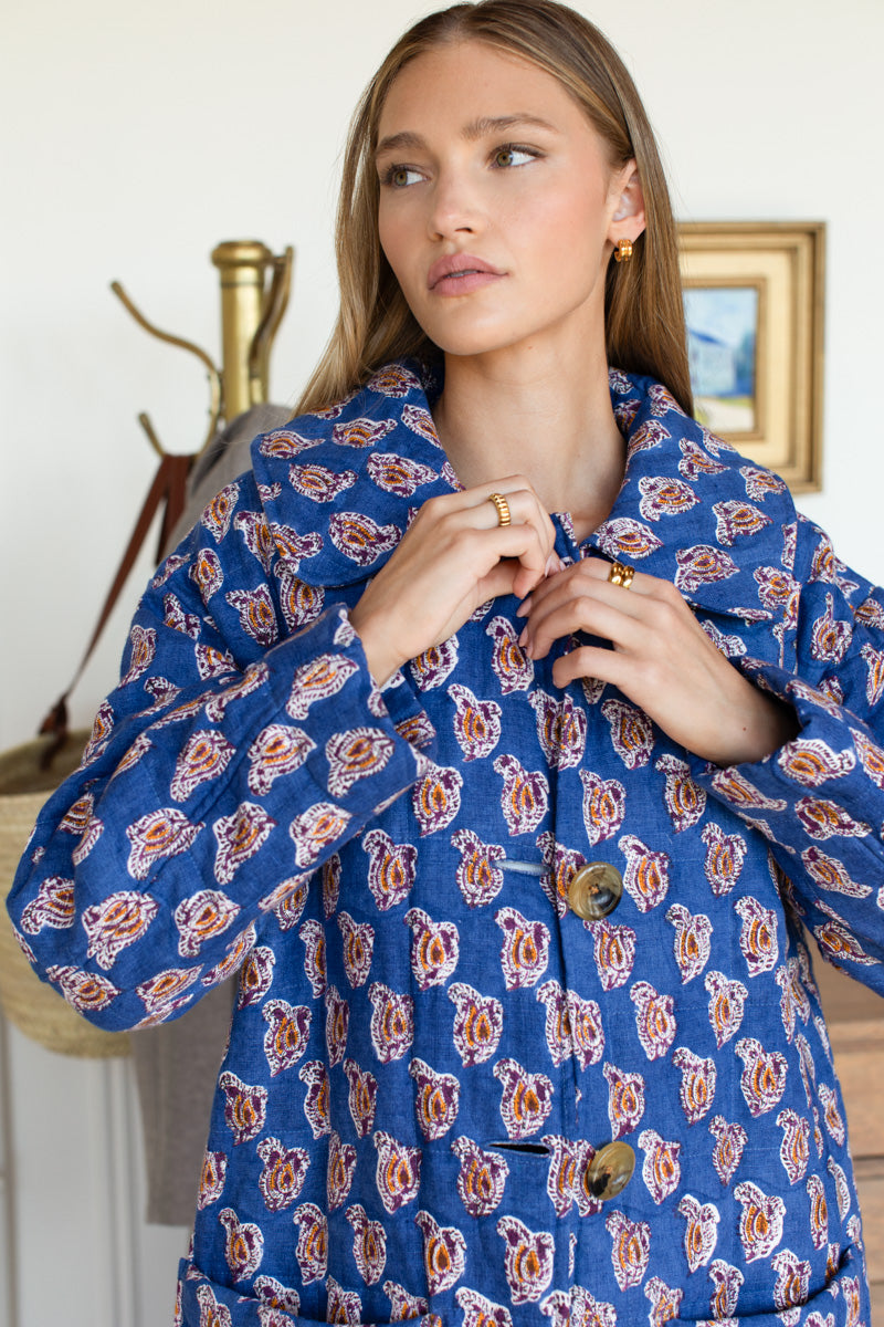 Camp Coat - Blue Paisley Flowers Linen