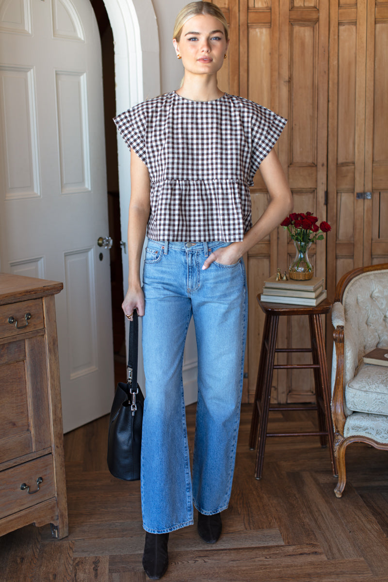Dolman Peplum Top - Cocoa Gingham