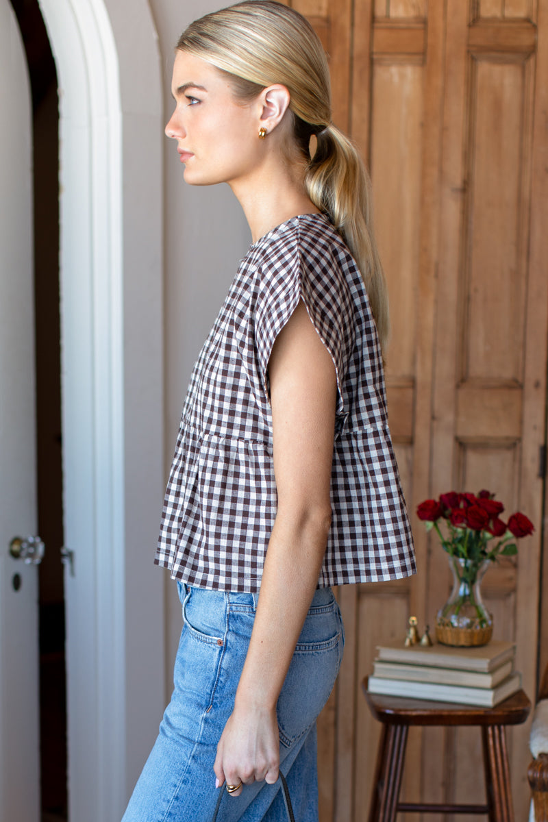 Dolman Peplum Top - Cocoa Gingham