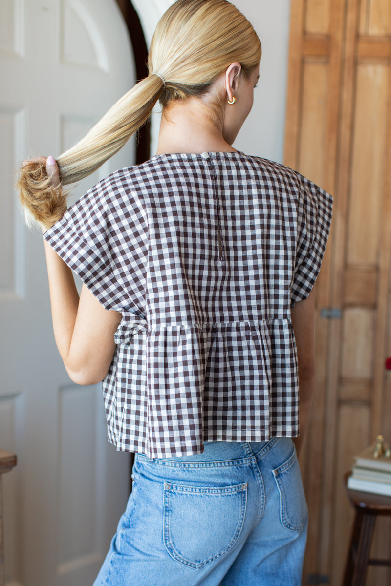 Dolman Peplum Top - Cocoa Gingham