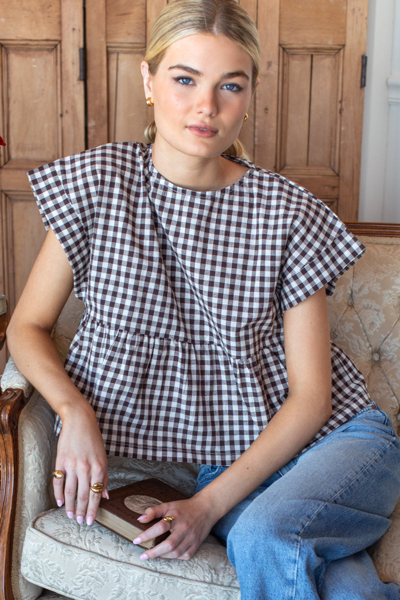 Dolman Peplum Top - Cocoa Gingham