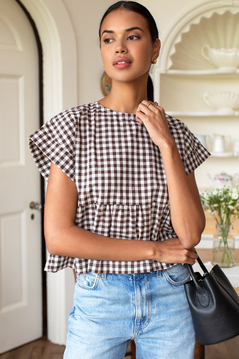 Dolman Peplum Top - Cocoa Gingham