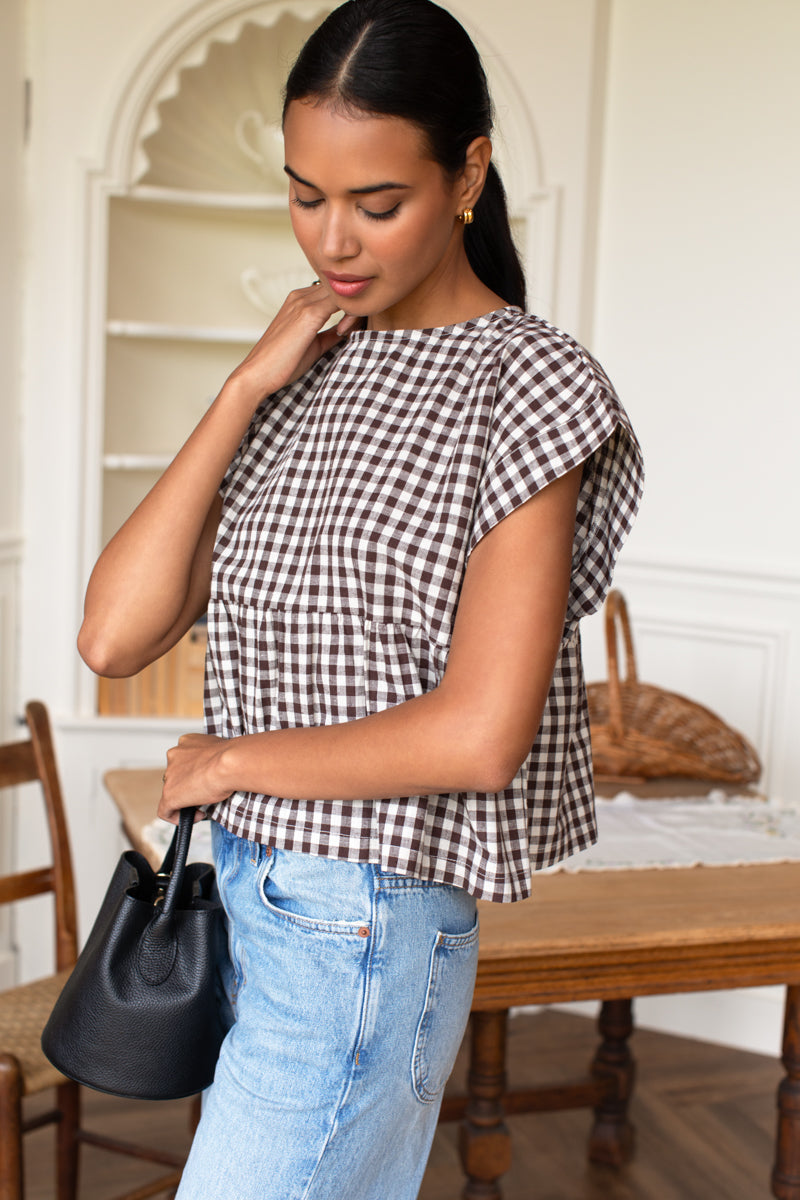 Dolman Peplum Top - Cocoa Gingham