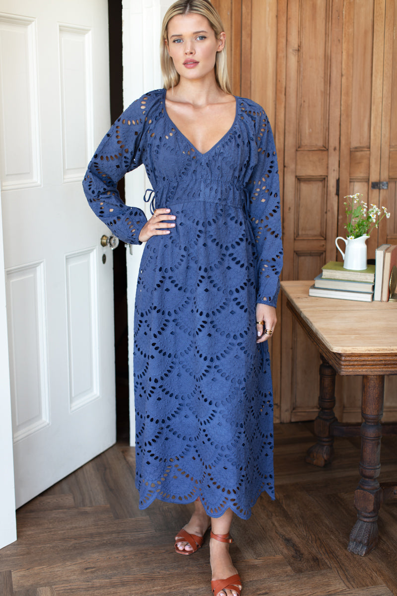 Double Waist Tie Dress - Blue Indigo Scallop Eyelet