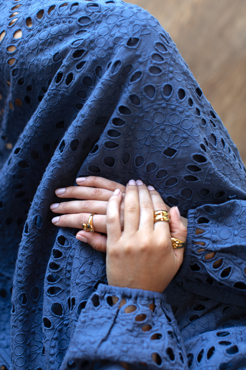Double Waist Tie Dress - Blue Indigo Scallop Eyelet