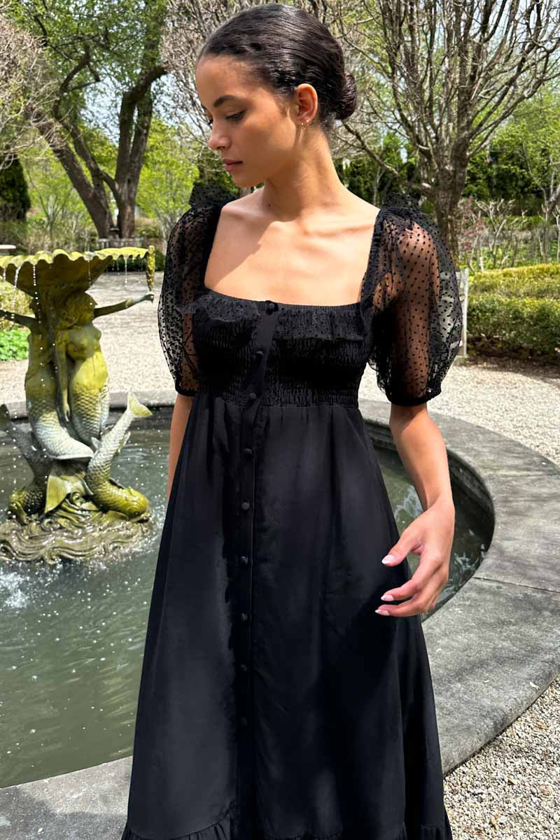 Shirred Bodice Maxi Dress - Black Dots