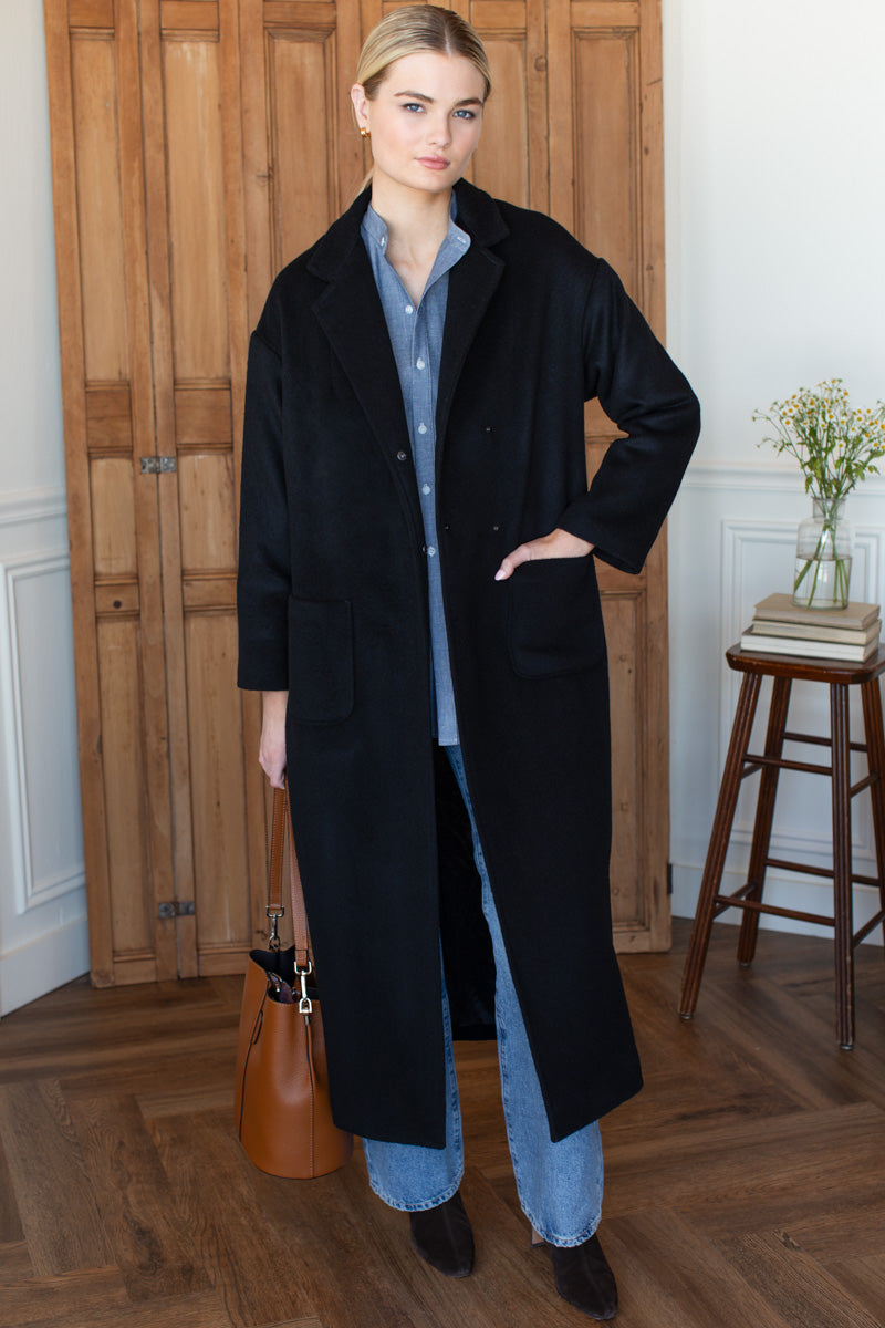Drop Shoulder Long Coat - Black Wool