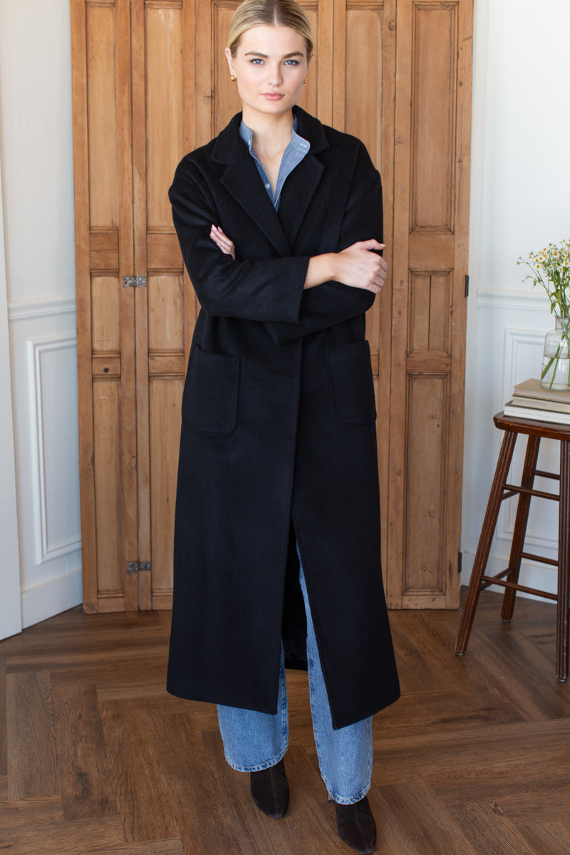 Drop Shoulder Long Coat - Black Wool