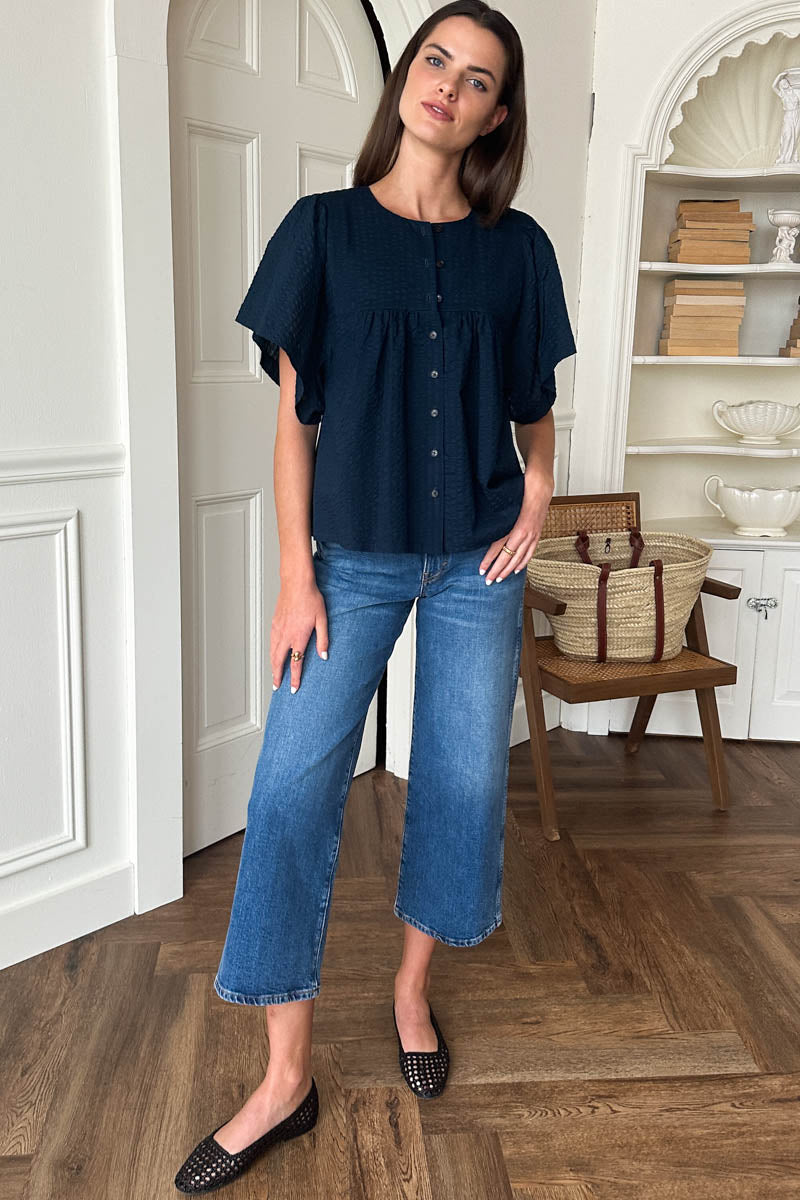Marion Button Blouse - Navy Textured