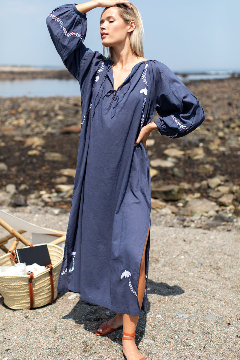 Folk Maxi Dress - Blue Indigo Dove Embroidery Organic