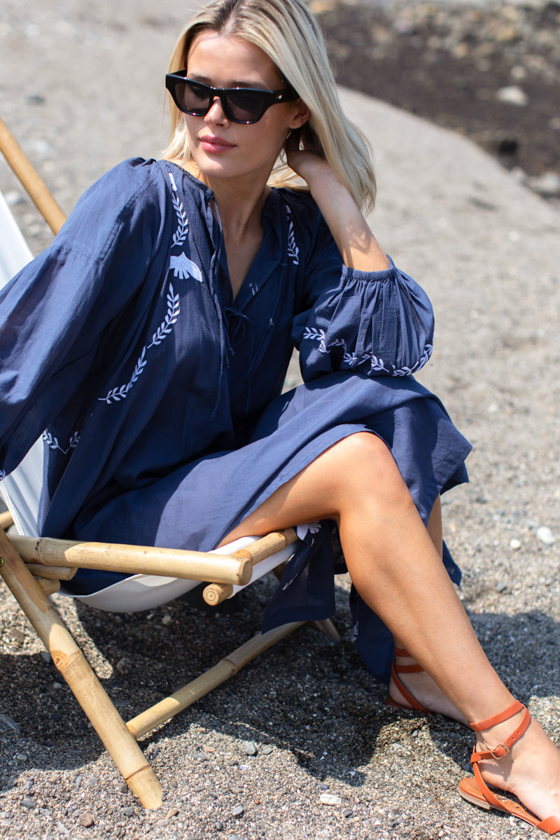 Folk Maxi Dress - Blue Indigo Dove Embroidery Organic