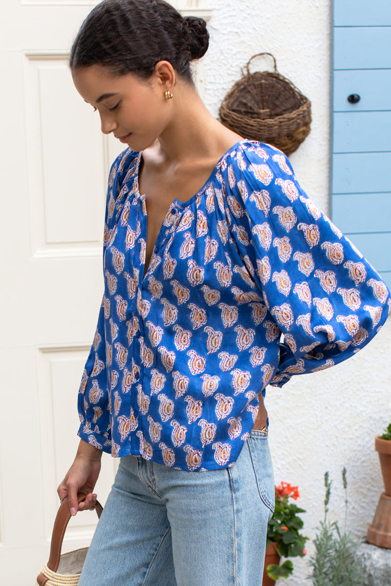 Frances Blouse - Blue Paisley Flowers
