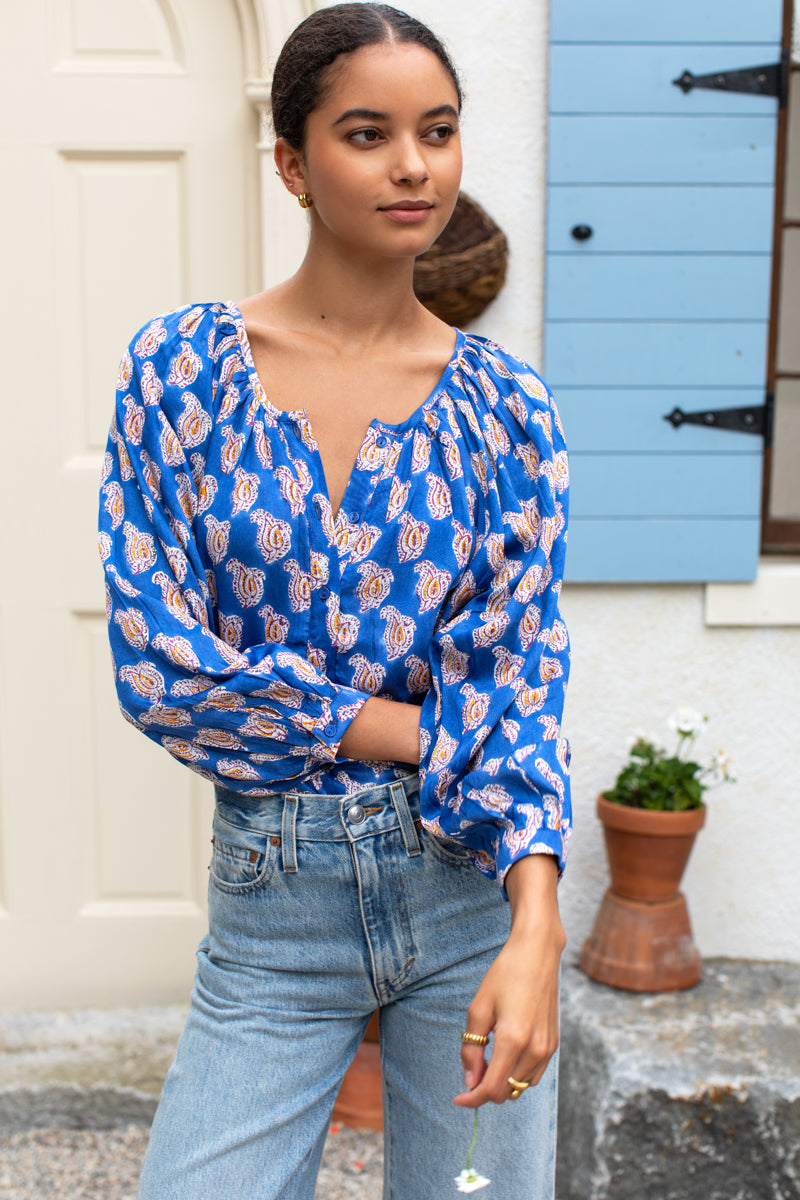 Frances Blouse - Blue Paisley Flowers