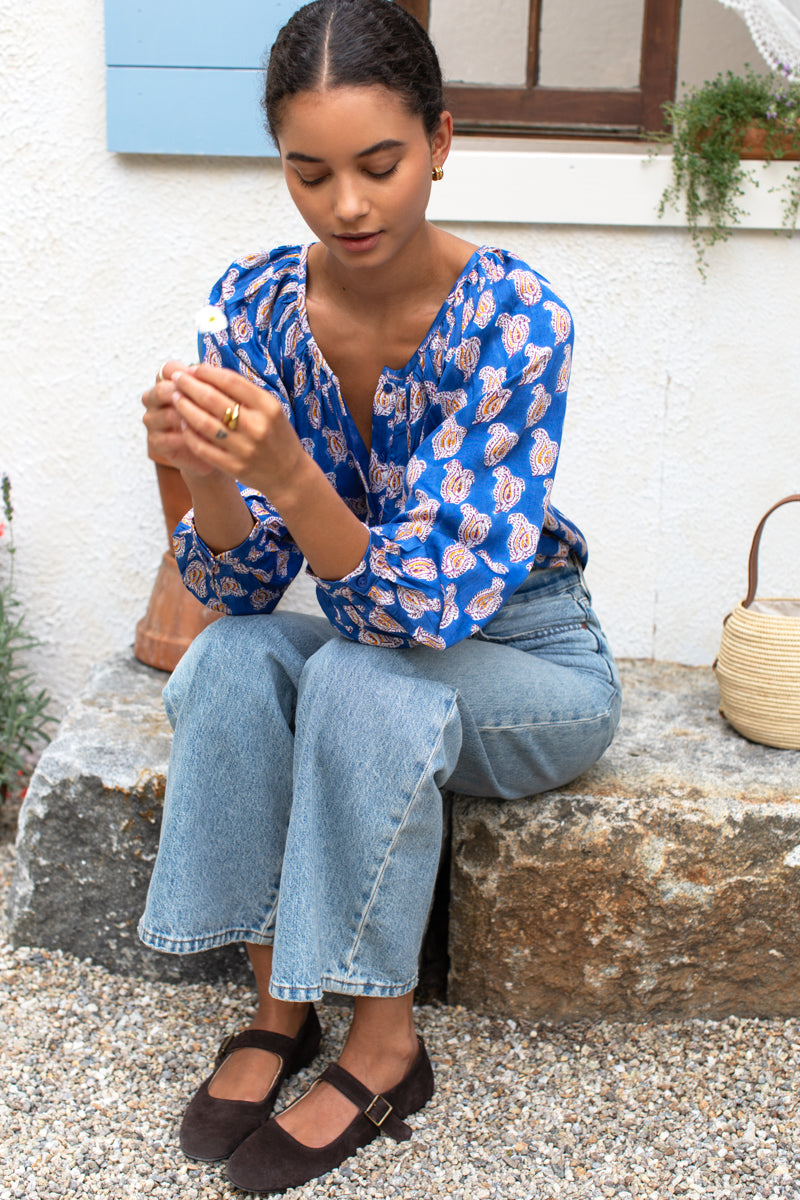 Frances Blouse - Blue Paisley Flowers