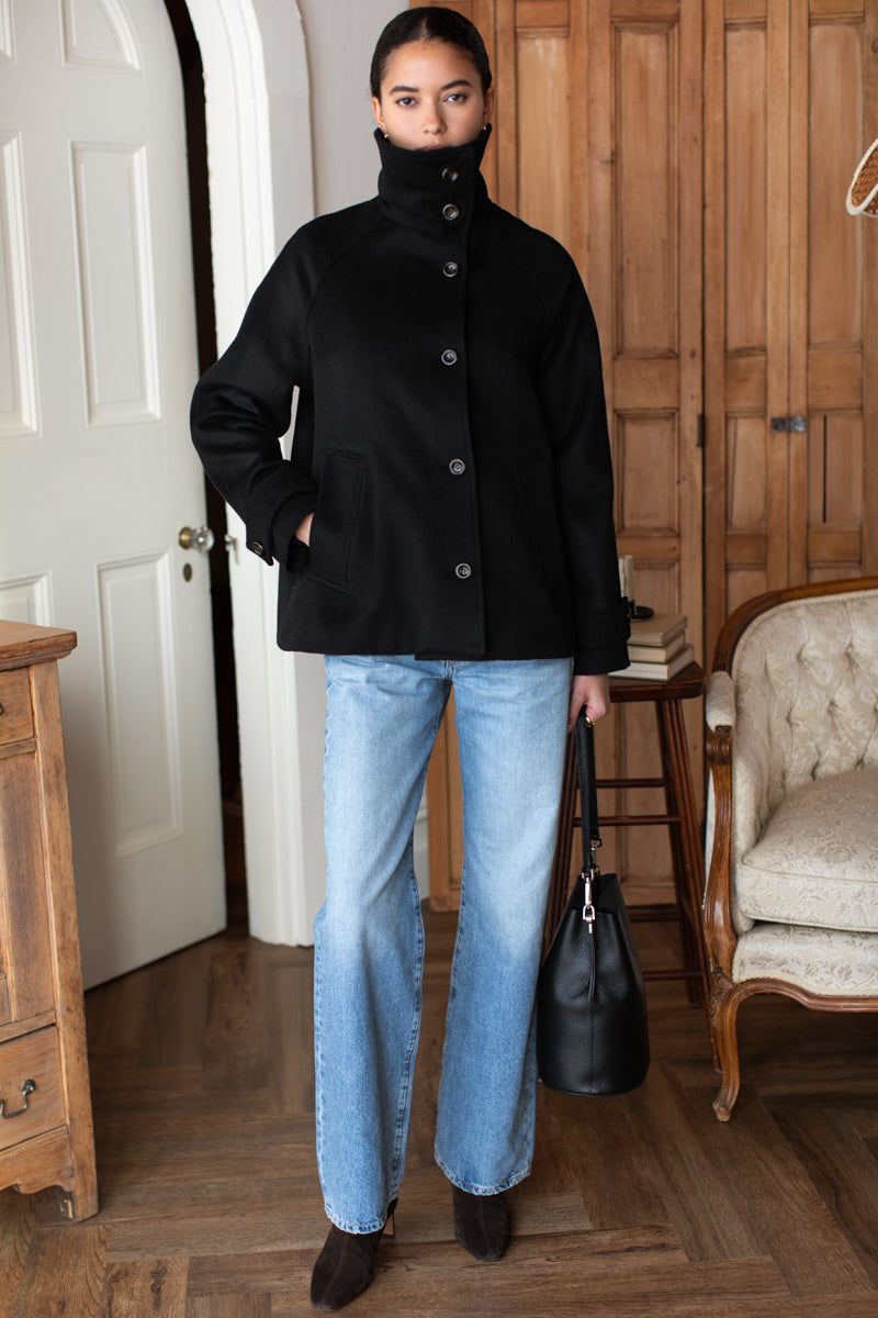 Funnel Neck Coat - Black Wool
