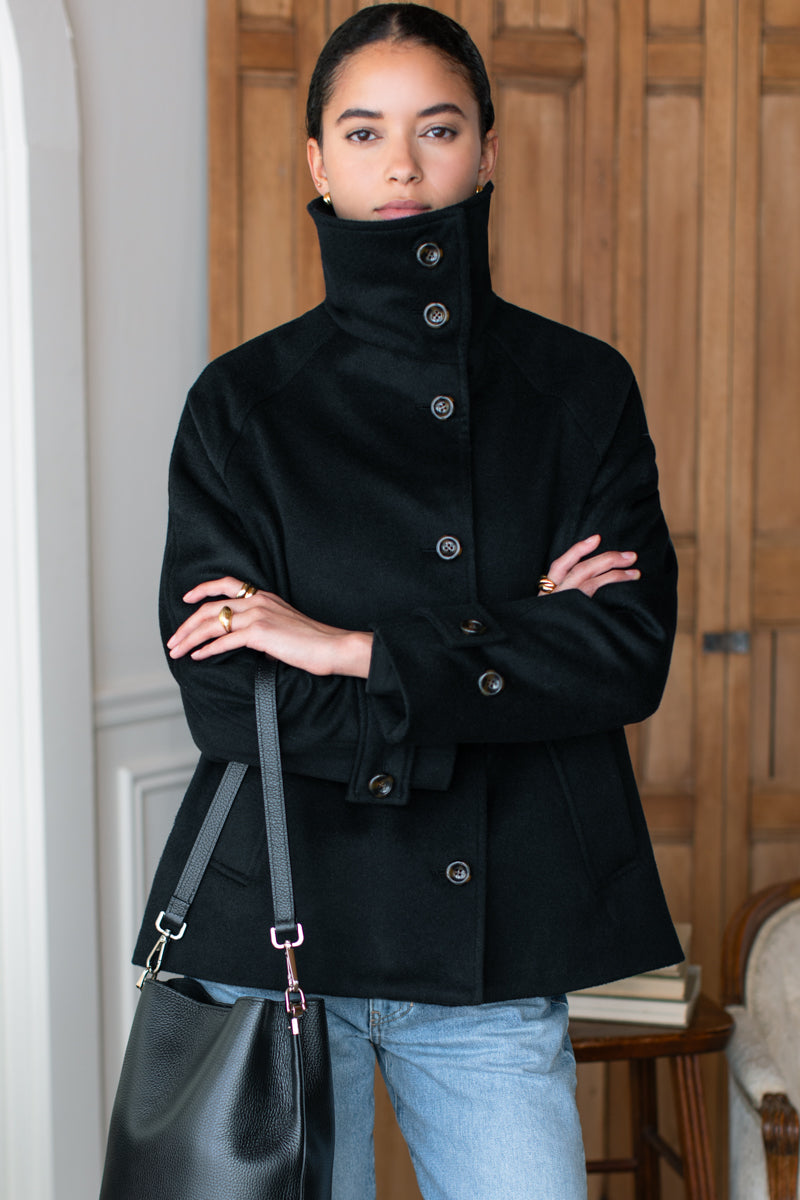 Funnel Neck Coat - Black Wool