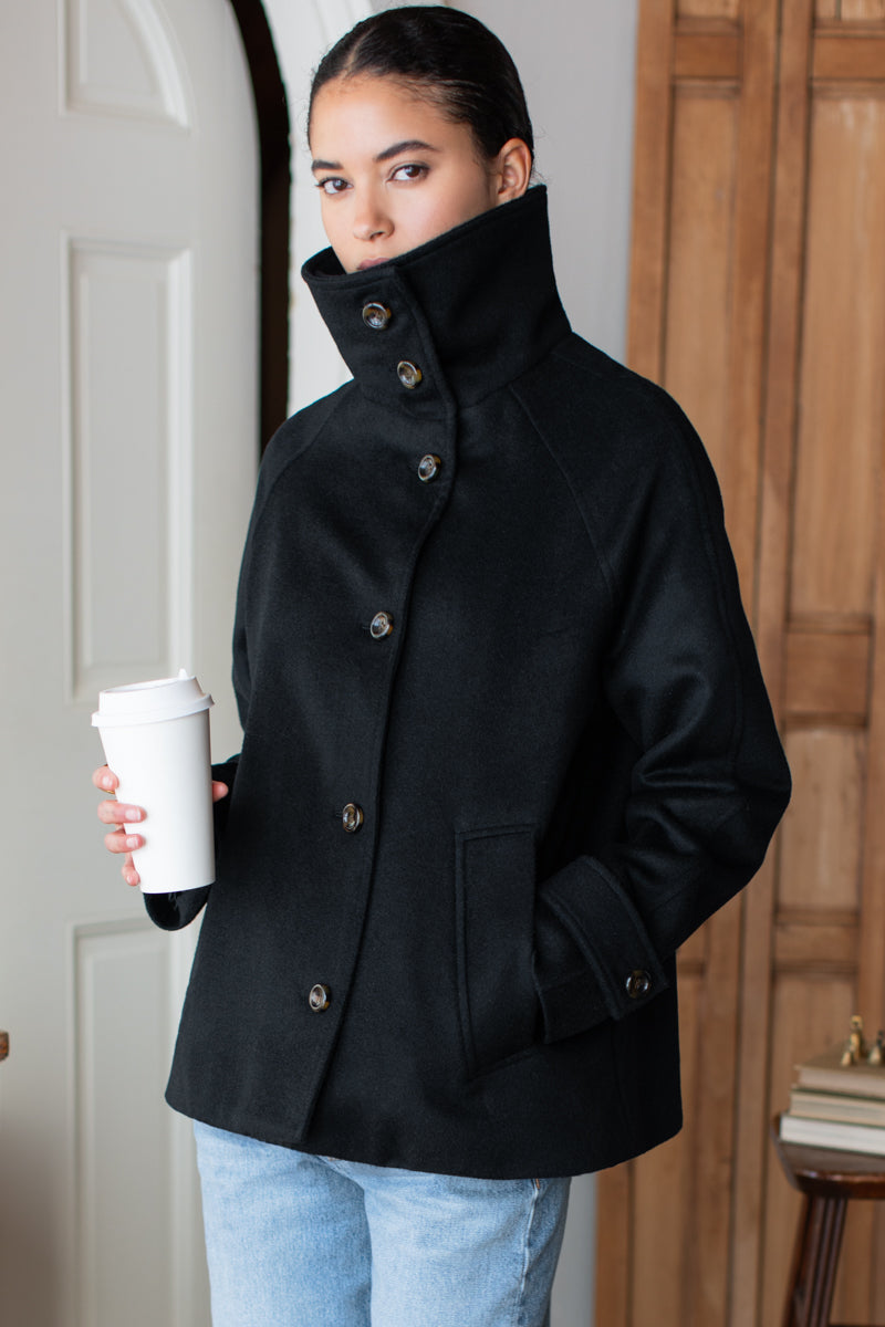Funnel Neck Coat - Black Wool