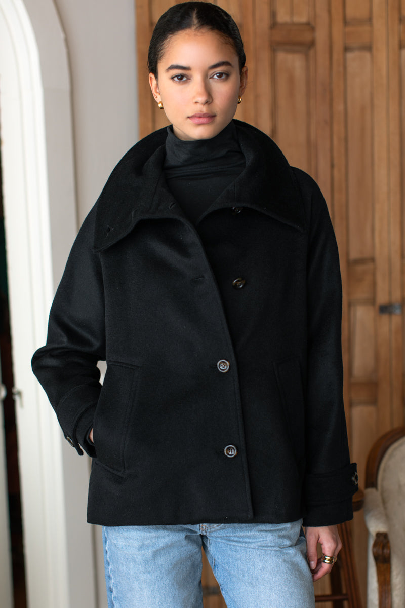 Funnel Neck Coat - Black Wool